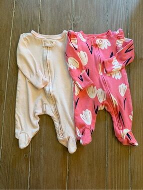 Carter's Pink Floral and Cream Stripe Footed One-Pieces - 2 Pack